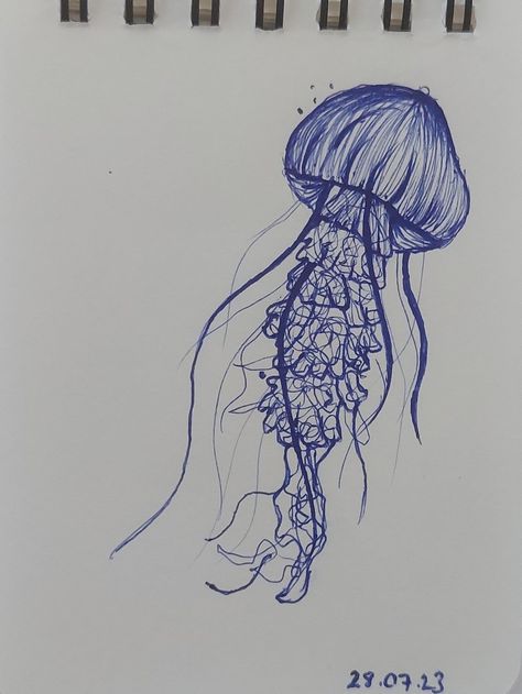 Jellyfish sketch blue pen Pen Drawing Jellyfish, Blue Jellyfish Drawing, Jellyfish Pen Drawing, Jellyfish Ink Drawing, Pen Drawing Blue, Blue Sketch Aesthetic, Blue Pen Drawing Sketch, Marine Life Sketches, Blue Pen Doodles