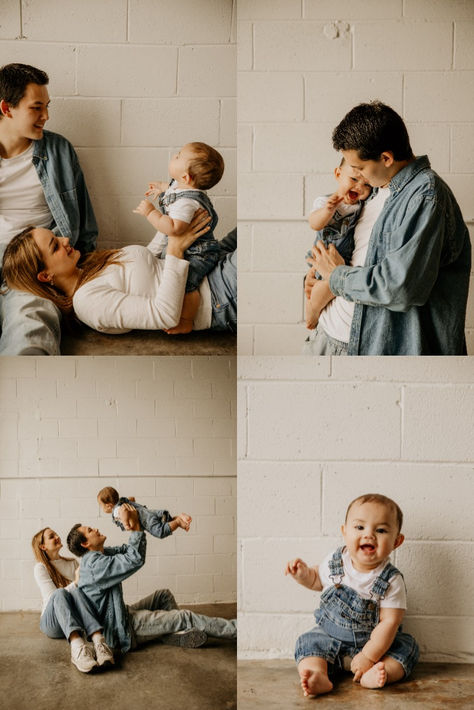 denim family session studio session overalls baby family mini photoshoot Casual Studio Family Photoshoot, Baby Overalls Photoshoot, Family Photo Jeans And White Shirt, White Shirt And Jeans Family Pictures, White Brick Wall Photoshoot, Family Photoshoot Denim, Jeans And White Shirt Family Pictures, Denim Family Photos, Family Denim Photo Shoot