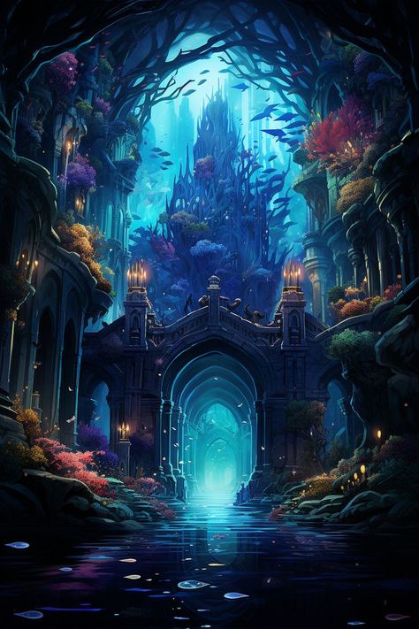 Underwater City Fantasy Art, Fantasy Landscape Art, Ocean Creatures Art, Surreal Digital Art, Mythical Sea Creatures, Background Fantasy, Art Underwater, Art Mystical, Coral Castle