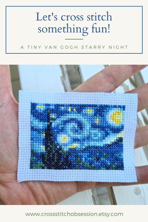 This tiny cross stitch pattern is so much fun! Its very small so it will take no time to finish it. Our take on famous painting Starry Night by Vincent Van Gogh. This pattern can be displayed in small frames or given as a gift. This pattern is very easy to stitch, perfect for beginners. Painting Starry Night, Small Frames, Cross Stitch Projects Ideas, Art Cross Stitch, Van Gogh Starry Night, Tiny Cross Stitch, Art Miniature, Beautiful Cross Stitch Pattern, Tiny Cross