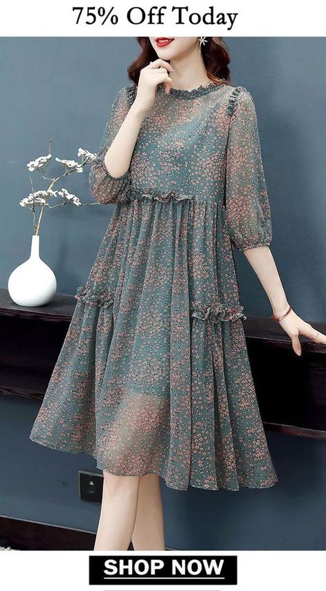 Enjoy the much cheaper items sold by Omychic. don't miss 60-80% OFF store prices Nice Dresses Casual, Cute Dresses Casual Classy, Dress Fashion 2023, Chiffon Dress Casual Classy, Korean Casual Fashion, Chiffon Frocks, Long Dress Fashion, Beautiful Casual Dresses, Dress Models