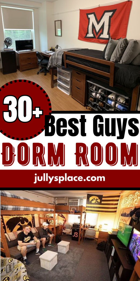 guys dorm room Nerd Dorm Room, Storage For College Dorms, Guy Dorm Rooms Decorations, College Apartment Bedroom Guys, Athlete Dorm Room, Gaming Dorm Room, Dorm Bed Storage Ideas, College Dorm Guys, Dorm Room Guys Ideas