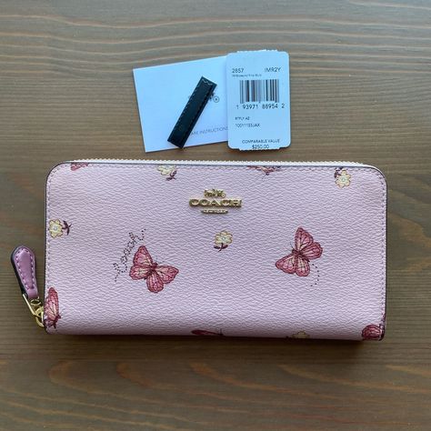 New With Tags Super Rare And Sold Out Online! Gold Hardware Printed Coated Canvas 12 Credit Card Slots Full-Length Bill Compartments Zip Coin Pocket Zip-Around Closure 7 1/2" (L) X 4" (H) 3/4" (W) Stvle No. 2857 Coach Butterfly Bag, Pink Coach Wallet, Cute Purses For Women, Cute Wallet Aesthetic, Altiod Wallet, Coach Butterfly, Cute Wallet, Luxury Tote Bags, Butterfly Bags