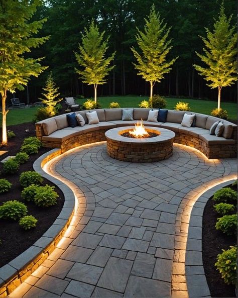 Yard Exterior Design, Patio Porch Ideas Backyards, Garden Ideas With Pergola, Curved Paver Patio Ideas, Deck Paint Colors Ideas Patio, Curved Concrete Patio Ideas, Outdoor Patio Landscaping Ideas, Patio With Sitting Wall, Backyard Ground Ideas