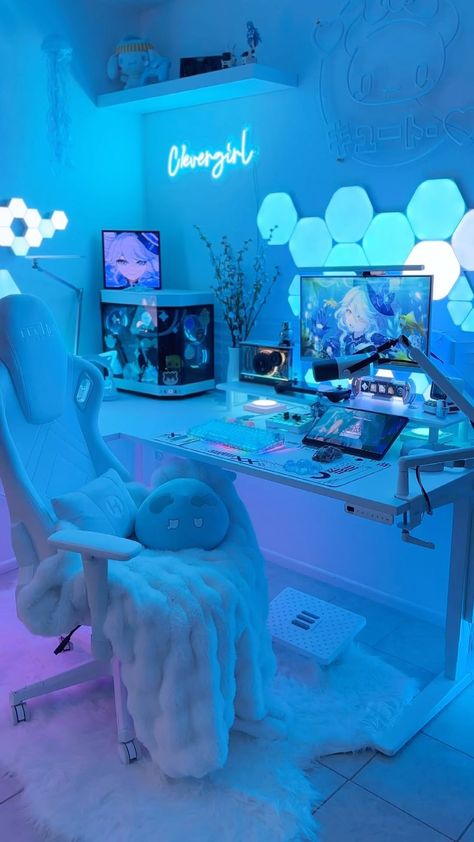 C1everGirl ༄ gaming | tech | genshin | sanrio | ⋆..𖥔 ݁ ˖*:･༄ setup refresh✨☁️ my new L shaped desk from @upliftdesk i am so excited to finally have my dream desk☁️ this desk is 72”’M x … | Instagram I Love Her Aesthetic, Love Her Aesthetic, Games Room Inspiration, Gaming Desk Setup, Her Aesthetic, Dream Desk, Army Room, Blue Desk, Diy House Renovations