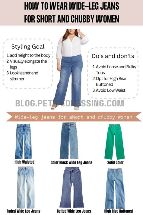 Wide Leg Jeans Guide for Short and Chubby Women Wide Leg Jeans Outfit Plus Size, Fashion For Chubby Ladies, Short And Curvy Outfits, High Waisted Wide Leg Jeans Outfit, Outfit For Short Women, Outfits With Wide Leg Jeans, Outfits For Short Women Curvy, Wide Leg Jeans Plus Size, Styling Wide Leg Jeans