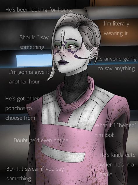 Nightsister Merrin stole Cal's pink poncho. She stands by the dining table with a surpassed smirk and watches him search for the exact poncho she is wearing, wondering if she should say something. Kawaii, Cal Kestis And Nightsister Merrin Fanart, Cal Merrin Star Wars, Jedi Fallen Order Cal X Merrin, Cal Kestis Drawing, Cal Kestis Funny, Cal X Merrin Jedi Survivor, Cal Kestis And Merrin Star Wars, Star Wars Cal Kestis Fanart