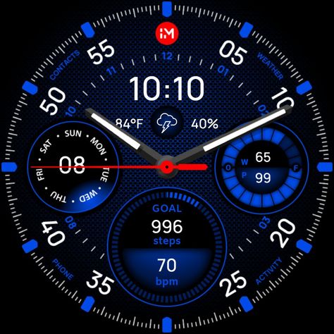 Themeable face with step counter and heart rate. App access: theme picker (center), weather (1-2 o'clock) , activity (4-5 o'clock), phone (7-8 o'clock), contacts (10-11 o'clock). - Analog and digatal time - Numeric date - Day of the week - Steps - Heart rate - Weather - Temperature - Humidity - Watch battery - Phone battery - Interactive - DIM mode Best Watch Faces, Clock Activity, Apple Watch Faces Download, Apple Watch Clock Faces, Iphone Wallpaper Clock, Weather Temperature, Apple Watch Custom Faces, Digital Watch Face, Iphone 7 Wallpapers