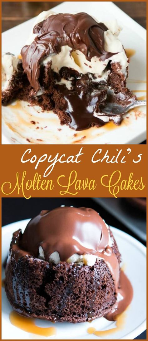 Copycat chili’s molten lava cakes recipe is way easier to make than you probably think and that hot fudge oozing out is such a crowd pleaser! ohsweetbasil.com Lava Brownies Easy, Moulton Lava Cake Recipes, Molten Lava Brownies, Best Chocolate Desserts Ever, Lava Cakes Recipe, Copycat Chili, Caramel Cakes, Molten Lava Cakes Recipe, Lava Cake Recipe