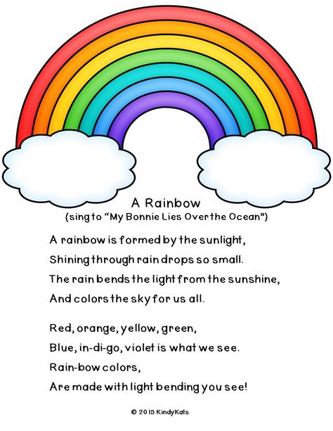 If you like this FREEBIE scientific song about rainbows, you'll love the rest of the poems, chants, and fingerplays in "What's the Weather Today?" available at Teachers Pay Teachers! Rainbow Poem Kindergarten, Rainbow Poems For Kids, Rainbow Songs Preschool, Poems About Rainbows, Rainbows Preschool Theme, Rainbow Rhyme, Rainbow Poems, Rainbow Poem, Rainbow Preschool