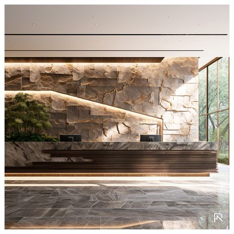 Reception area, desk, stones, timber, plants. Biophilic Hotel Lobby, Biophilic Reception Desk, Biophilic Lobby Design, Biophilic Reception Design, Natural Reception Desk, Timber Reception Desk, Biophilic Reception, Jungle Reception, Hotel Reception Desk Design