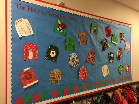 2016 Holiday Bulletin Board - The holidays warm our hearts...ugly sweaters make us merry - Doral Red Rock Ugly Christmas Sweater Bulletin Board, Ugly Sweater Classroom Door, Ugly Sweater Bulletin Board Ideas, Christmas Sweater Bulletin Board, Sweater Bulletin Board, Christmas Decorating Contest, Special Education Classroom Setup, Clothes Study, Winter Classroom Decorations