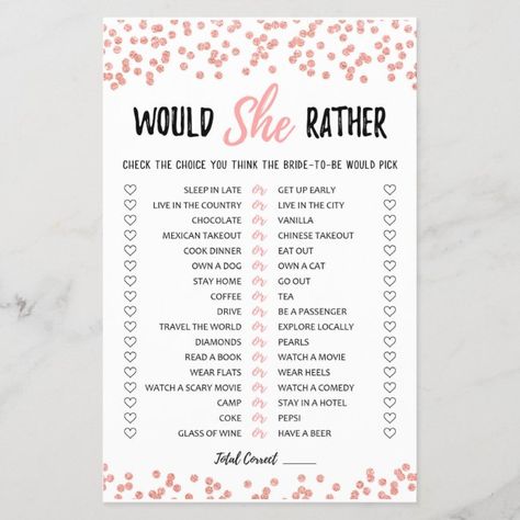 Girls Birthday Party Games, Would She Rather, Hen Party Games, Shower Diy, Rose Gold Confetti, Birthday Party Activities, Bridal Shower Game, Birthday Party Games, Birthday Games