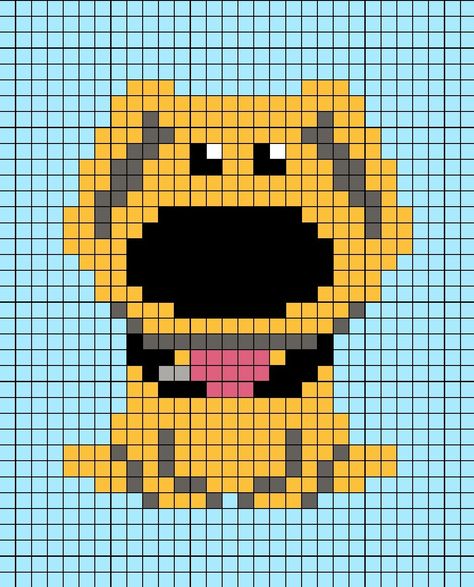 A pixel art template of Dug the talking dog from Up the film. Pixar Perler Bead Patterns, Pixar Cross Stitch, Up Perler Bead Pattern, Pixar Perler Beads, Phineas And Ferb Pixel Art, Pixar Pixel Art, Cartoon Perler Bead Patterns, Pixel Art Pattern Disney, Disney Pixel Art Grid