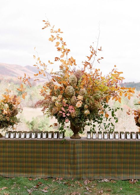 rebekah-christopher-wedding-tennessee-escort-card-table-103116875 Fall Foliage Centerpiece, Fall Estate Wedding, Fall Wedding Hydrangea, Quickfire Hydrangea, Mindy Rice Design, Fall Branches, Autumn Elopement, Fall Floral Centerpieces, Green Centerpieces