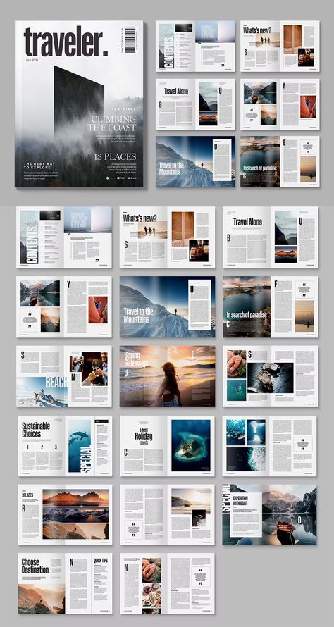 Modern Travel Magazine Template INDD Travel Publication Design, Layout Design Inspiration Magazine, Professional Magazine Layout, Travel Coffee Table Book Layout, Cool Magazine Layout Design, Magazine Ideas Inspiration, Information Layout Design, Free Magazine Template, Magazine Layout Design Travel