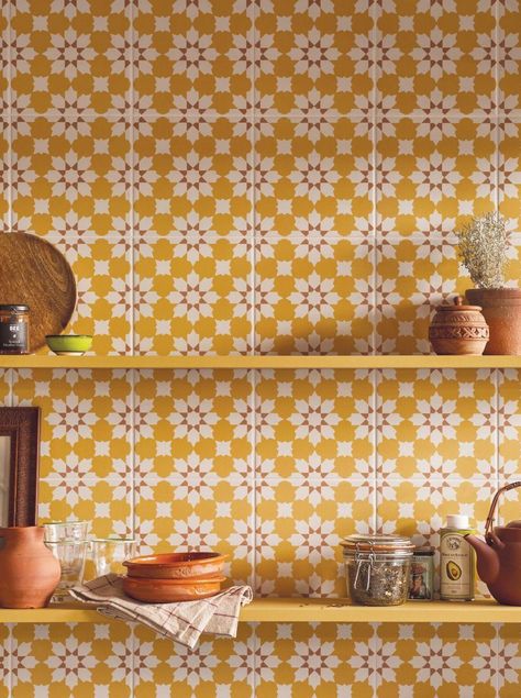 Yellow Kitchen Tile, Yellow Kitchen Tiles, 70’s Kitchen, 60s Bathroom, 1970s Bathroom, Moroccan Tile Backsplash, Patterned Kitchen Tiles, 70s Kitchen, Quirky Kitchen