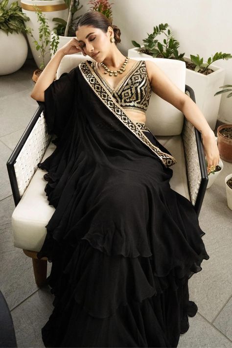 Black Saree With Golden Blouse, Actress In Black Saree, Black Drape Saree, Gorget Saree, Saree Black Blouse, Ritika Mirchandani, Gopi Vaid, Black Blouse Designs, Black Embroidered Blouse