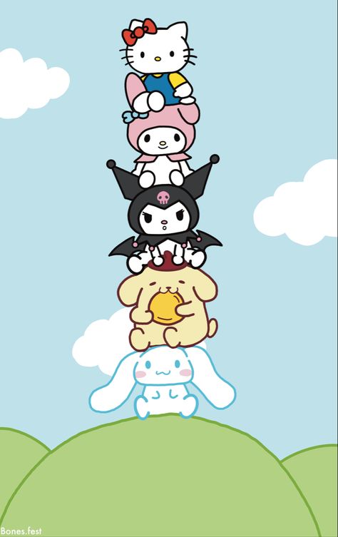 Sanrio characters stacked on top of each other cinnamoroll pompompurin kuromi my Melody and hello kitty. Screensaver background drawing art Kromium Hello Kitty, Sanrio Group Photo, Drawing Cinnamoroll, Hello Kitty And Friends Drawing, Cute Character Wallpaper, Kuromi And Friends, Kuromi And Pompompurin, Hello Kitty And Melody, Hello Kitty And Friends Wallpaper