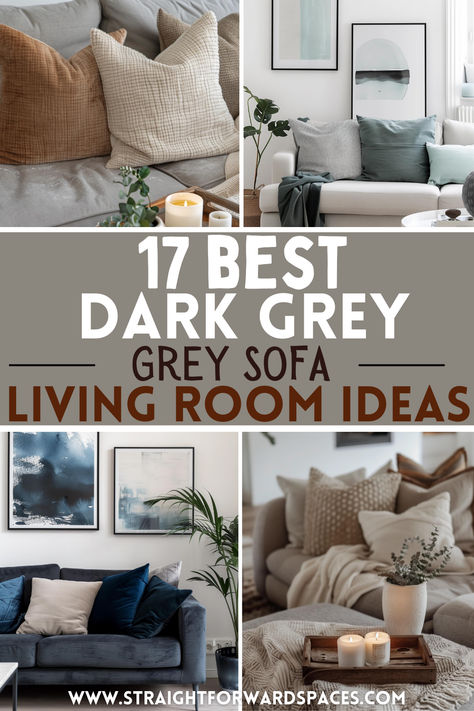 Grey sofa with throw pillows Home Decor Ideas Living Room Grey Couch, Grey Sofa With Neutral Pillows, Boho Pillows For Grey Couch, Decorating Dark Grey Couch, Styling Cushions On Sofa, Dark Grey Couch Cream Rug, Grey Sofa Oak Furniture Living Rooms, Decor For Gray Couches, Lounge With Dark Grey Sofa