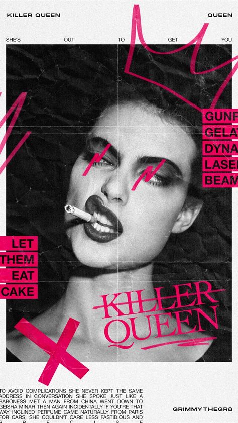 Lyric poster design for Killer Queen by Queen Edgy Magazine Covers, Graphic Design Creativity, Rockstar Poster Design, Crazy Poster Design, Kiss Graphic Design, Graphic Design For Fashion, Rock Band Graphic Design, Graphic Design Posters Fashion, Rebellious Graphic Design