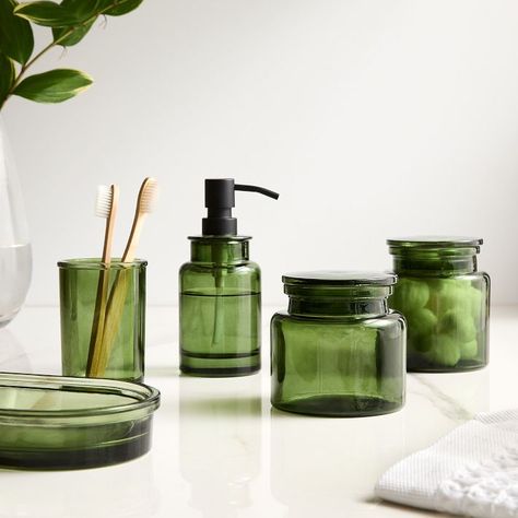 Apothecary Glass Bath Accessories | West Elm West Elm Bathroom, Apothecary Bathroom, Light Up Vanity, Bamboo Bathroom Accessories, Green Bathroom Accessories, Glass Bathroom Accessories, Green Bathroom Decor, Modern Bathroom Accessories, Bamboo Bathroom