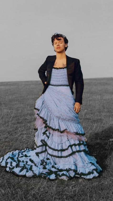 Harry Styles makes history as he becomes the first male to feature solo on Vogue Harry Styles In Costume, Harry Styles In Skirt, Harry Styles Normal Clothes, Harry In Dress, Harry Styles Dress Vogue, Harry Styles Dress Up, Harry Styles Full Body Picture Standing, Harry Styles Full Body Pic, Men Wearing Dress