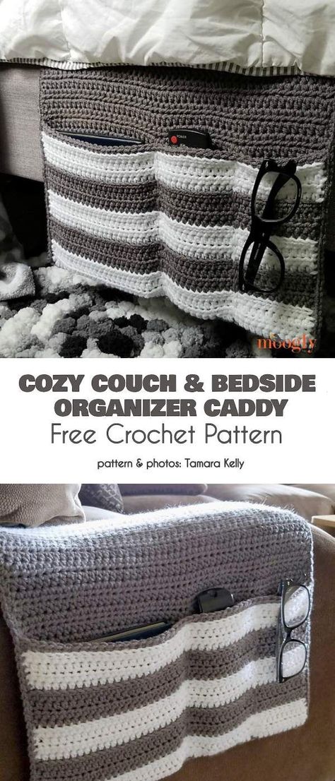 Cozy Couch Bedside Organizer Caddy Free Crochet Pattern #freecrochetpatterns #crochetcaddy #crochetorganizer Crochet Projects For Around The House, Crochet Organizer Basket, Crochet Caddy Free Pattern, Crochet Projects For Mom, Household Crochet Patterns Free, Crochet Baskets Free Patterns Storage, Crochet Decor Patterns, Cool Crochet Projects, Household Crochet