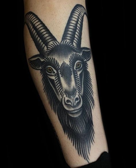 Goat Neck Tattoo, Goat Head Tattoo Traditional, Gargoyle Tattoo Traditional, Traditional Aries Tattoo, American Traditional Goat Tattoo, Traditional Baphomet Tattoo, Traditional Goat Head Tattoo, Traditional Ram Tattoo, Goat Traditional Tattoo