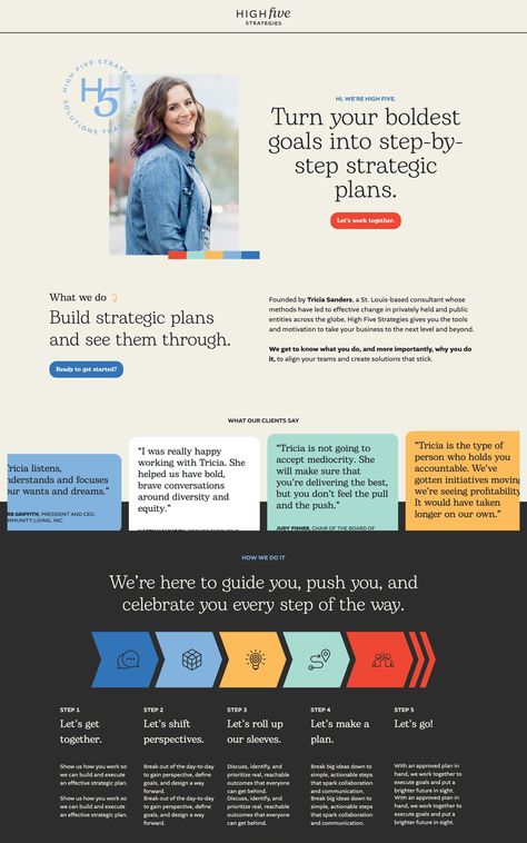Neat 5-color pattern reused through this One Pager (built with WordPress) for High Five Strategies lead by Tricia Sanders. One Page Design Layout, One Pager Design Layout Inspiration, One Pager Design Creative, One Page Brochure Design, One Pager Design Layout, Grid Design Layout, One Pager Design, Post Linkedin, Animated Infographic