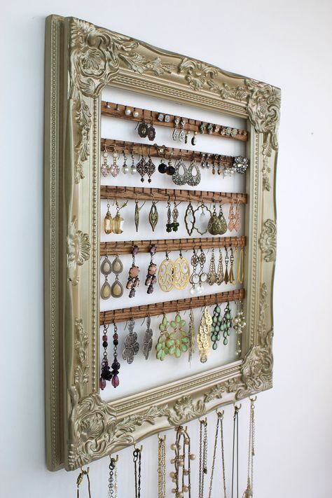 Champagne Hanging Earring Holder, Framed Earring Hanger, Hanging Jewelry Organizer, Wall Earring Display Frame, Earring Holder Frame - Etsy Jewelry Organizer Frame, Jewelry Hanging Ideas, Diy Hanging Jewelry Organizer, Photo Frame Crafts Diy, Cute Earring Holder, House Decor Diy Ideas, Diy Dorm Decor Wall Crafts, Organized Room Aesthetic, Mirror Makeover Ideas