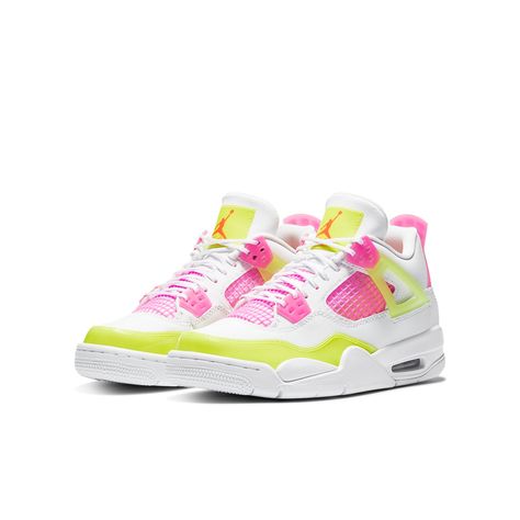 This Kids Nike Air Jordan 4 Retro GS "White Lemon Pink" continues the excellence of the AJ4 line. This pair is using kids favorite colors neon Lemon Venom/Pink Blast on the white to create irresistible cuteness. With AJ4's signature visible Air-Sole unit and red inner softpad, all kids are gonna wear this all day long. Cute Jordans, Jordan Shoes For Kids, Nike Shoes Women Fashion, Nike Air Jordan 4 Retro, Pink Nike Shoes, Nike Air Jordan 4, Back To School Shoes, Nike Shoes Air Force, Custom Shoes Diy