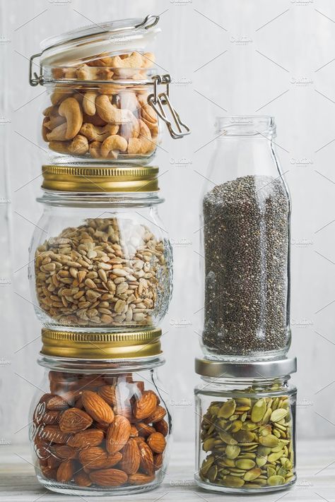 Various nuts and seeds in glass jars by Edalin's Store on @creativemarket Essen, Healthy Nuts, Nuts & Seeds, Nuts And Seeds, Mixed Nuts, Dried Fruits, Fun Snacks, Dried Fruit, Foods To Eat