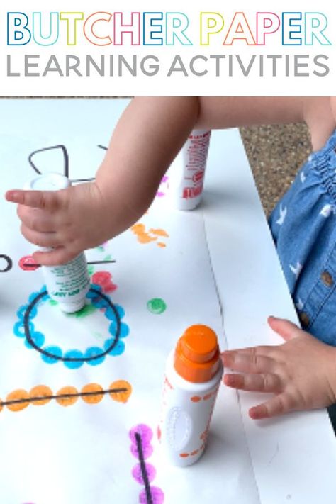 Butcher Paper Learning Activities  are fun for toddlers and preschoolers! Here are a few ideas to get you started that work on fine motor skills, counting and more! Morning Table Activities Preschool, Butcher Paper Activities Preschool, Preschool Table Top Activities, Butcher Paper Activities, Paper Activities, Preschool Tables, Name Activities, Painting Activities, Preschool Letters