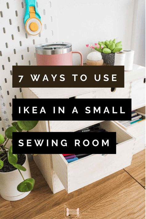 Crafters often think they need a whole room dedicated to crafting to have a beautiful IKEA set up, but I disagree! No matter what your crafting space looks like, big or small, you can incorporate IKEA. Today I'm taking you on a tour through my small corner of a sewing room to show you how you can use IKEA products to house your quilting notions and quilting supplies efficiently. While also including some quilting tips for getting the most out of your small spaces. | Quilting Wemple Wall Storage For Craft Supplies, Couture, Sewing Room Small Space Ideas, Sewing Organization Ideas Small Spaces, Small Sewing Studio Ideas, Corner Sewing Space, Closet Sewing Space Diy, Ikea Fabric Storage, Best Sewing Room Layouts