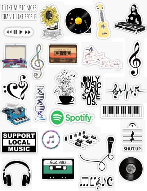 Music sticker pack aesthetic for editing overlays hydroflask free printable stickers musical art singing guitar band orchestra piano records dj sheet music treble clef bass clef notes headphones listening staff play playing music making music Phone Case Printable Stickers, Music Aesthetic Stickers Printable, Stickers For Headphones Printable, Arts Stickers Printable, Mapeh Stickers Printable, Aesthetic Sticker Drawing Ideas, Music Journal Stickers, Scrapbook Stickers Printable Music, Back Phone Stickers