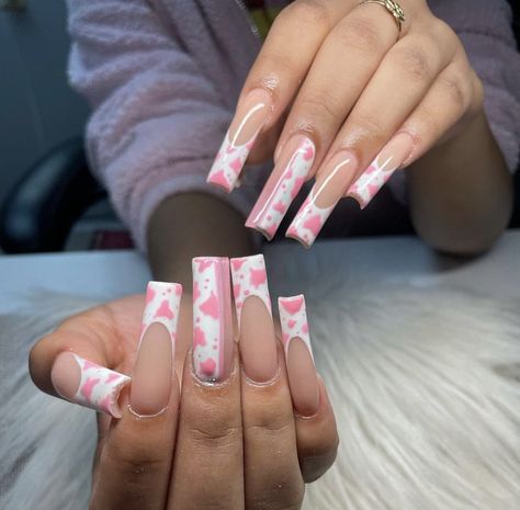 Cow French Tip Nails Pink, Cow Square Nails, Pink Cow French Tip Nails, Long Cow Print Nails, Nail Designs Cow Print Pink, Long Acrylic Nails Cow Print, Pink Cow Print Nails French Tip, Cow Print Acrylic Nails Short, Heart Cow Print Nails