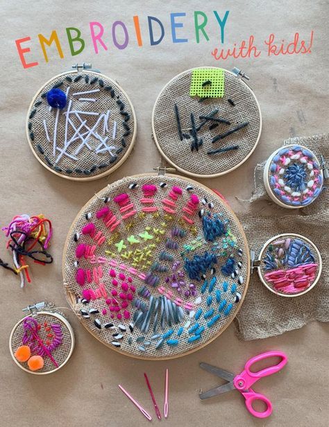 Family friendly and fuzzy embroidery with kids using a burlap, a hoop, and yarn. Toddler Crafts, Preschool Sculpture Projects, Embroidery Hoop Crafts, Sambo, Crafty Kids, Childrens Crafts, Embroidery And Stitching, Sewing For Kids, Art Activities