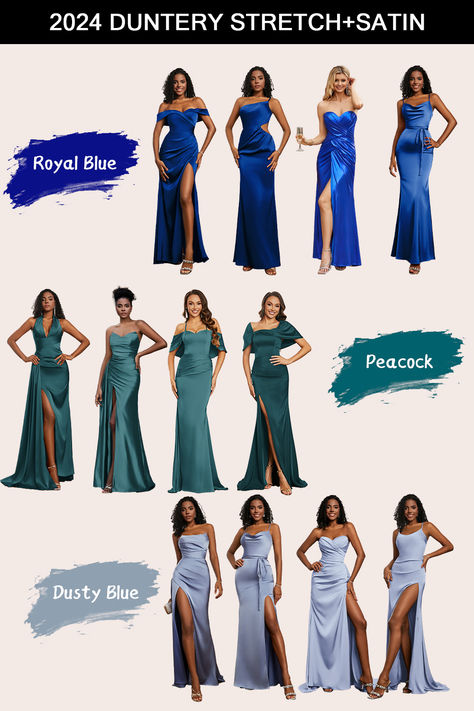 #duntery #wedding #bridesmaiddresses #fashionstyle #streatchsatindresses Modern Bridesmaid Dresses, Perfect Dresses, Color Guide, Green Shades, Bridesmaid Dress Colors, Satin Bridesmaid Dresses, Stretch Satin, Dusty Blue, Shades Of Green