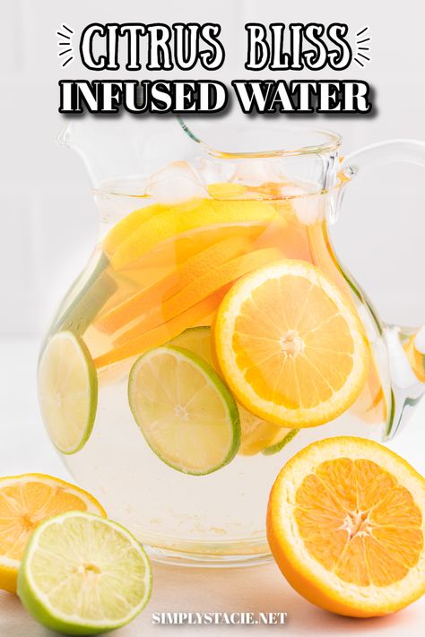 A jug of Citrus bliss infused water. Lemon Lime Water Recipe, Lemon Orange Water, Lemon And Orange Water, Water With Orange Slices, Orange Infused Water Recipes, Fruit Infused Water Recipes For Parties, Citrus Water Recipe, Water Refreshers, Lemon And Lime Water