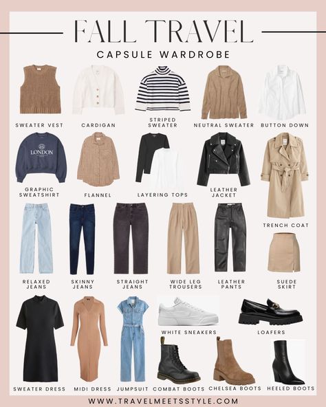 Travel Capsule Wardrobe 2023, Travel Light Outfits, Fall Travel Capsule Wardrobe, Travel Capsule Wardrobe Fall, French Fall Outfits, Travel Wardrobe Europe, Fall Travel Wardrobe, Japan Travel Outfit, Travel Outfits Women