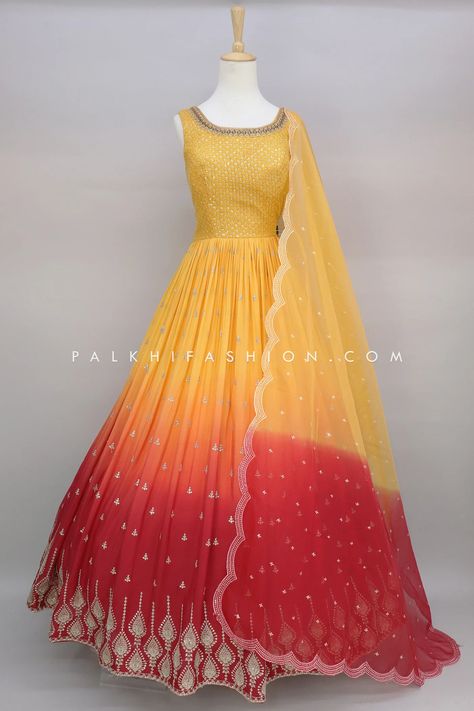 Yellow/Red Ombre Indian Outfit With Sequin Embroidery Work – Palkhi Fashion Palkhi Fashion, Indian Designer Clothes, Fashion Usa, Fashion Indian, Usa Clothing, Palazzo Suit, Sequin Embroidery, Designer Outfits, Red Ombre