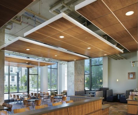 flat floating wood ceiling panels with view of ceiling above Wood Ceiling Panels, Floating Ceiling, Architecture Ceiling, Office Ceiling, Armstrong Ceiling, Open Ceiling, Timber Ceiling, Drop Ceiling, Salon Suites