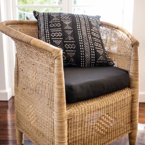 Malawi Aesthetic, Blantyre Malawi, Malawi Chair, African Bohemian, Weave Chair, Modern Moroccan Style, Cane Chairs, Black Cushion, Woven Chair