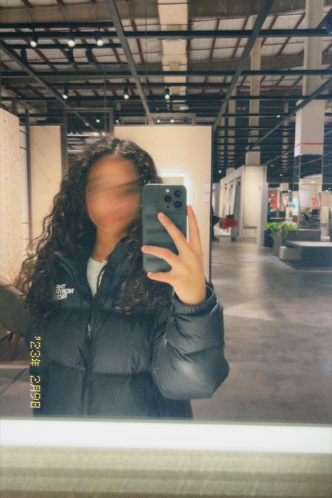 A good day in kuwait with my curly hair and camera and styling my puffer jacket Mirror Pics Curly Hair, Curly Hair Mirror Pic, Pic Mirror, The North Face Puffer Jacket, Hair Mirror, Dazz Cam, The North Face Puffer, North Face Puffer Jacket, North Face Puffer