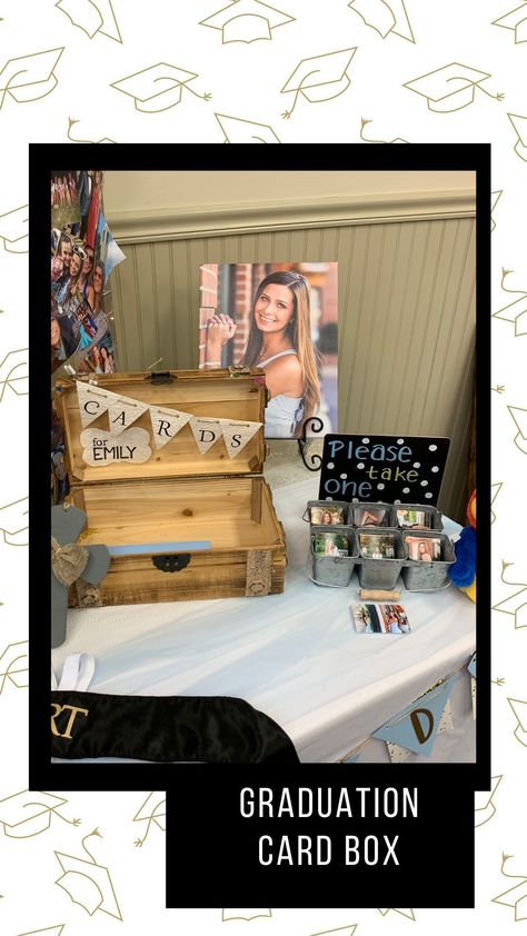 Cards Box Graduation, Graduation Party Table Set Up Layout, Graduation Fireplace Decor, Diy Grad Party Card Box Ideas, Grad Gift Table Ideas, Diy Grad Card Box Ideas, Graduation Reception Table Ideas, Graduation Party Ideas Card Holder, Sign In Table For Graduation Party