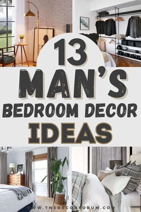 13 Best Ways To create A Modern Masculine Bedroom with tips like how to choose a masculine color palette, the industrial style that men love, how to coordinate bedding, creating amazing ambience and mood in your room, and more. Gentlemans Bedroom Ideas, Grandpa Bedroom Ideas, Men Small Room Ideas, Decor For Mens Bedroom, Men’s Bedside Table Decor, Guest Bedroom Ideas Masculine, Manly Guest Bedroom Ideas, Black Room Ideas For Men Bedroom Decor, Nightstand Decor For Men