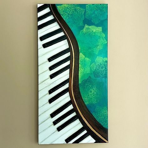"This whimsical dancing piano painting is perfect for the music lover!  The piano keys sway across the canvas against a bright teal and green background.  A single gold stripe adds a bit of sparkle to the brown of the piano, the edges are painted black to give the canvas a framed appearance.  Make a set with Smiling Guitar: https://www.etsy.com/listing/170395380/fine-art-smiling-guitar-no211x14-acrylic? DANCING PIANO #2 12\"x24\"x3/4\" Gallery  Mounted Canvas Panel Fully Painted Edges - Ready to Music Painting Abstract, Piano Keys Painting, Diy Piano Painting, Musical Instruments Art Paintings, Piano Painting Acrylic, Music Painting Ideas On Canvas, Music Painting Ideas Easy, Music Painting Canvas, Guitar Art Painting