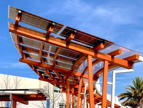 Solar Covered Walkways & Canopies Power NeoCity Academy Pergolas, Solar Panel Aesthetic, Solar Panel Architecture, Umbrella Architecture, Solar Panels Architecture, Solar Pergola, Covered Walkways, Solar Pannels, Solar Tree