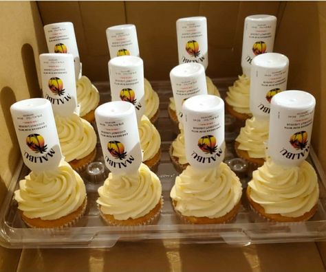 21st Birthday Cupcakes Alcohol, Alcohol Birthday Decorations, Malibu Rum Cupcakes, Malibu Rum Cake Design, Malibu Rum Party Theme, 21 Guy Birthday Ideas, Pina Colada Cupcakes With Rum, Alcohol Themed Birthday Party, Piña Colada Cupcakes